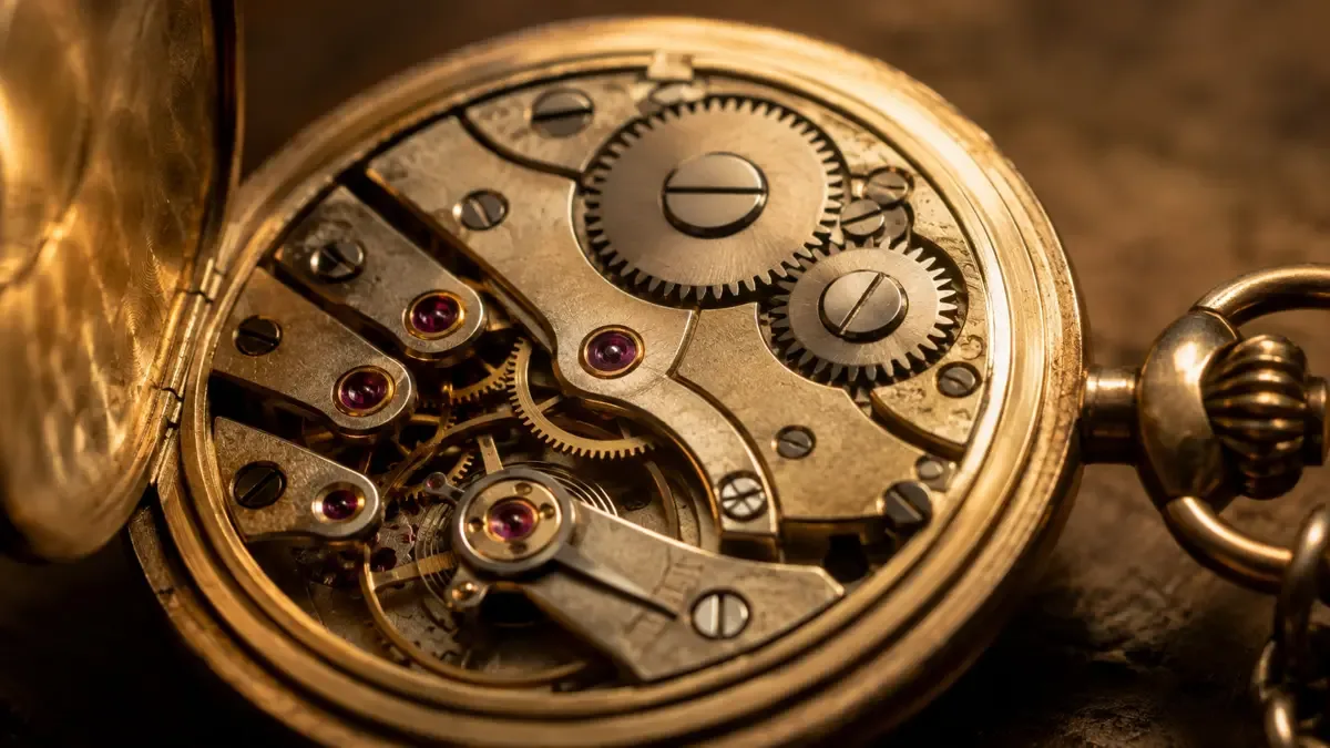Reloj de bolsillo con la tapa abierta mostrando engranajes y rubies