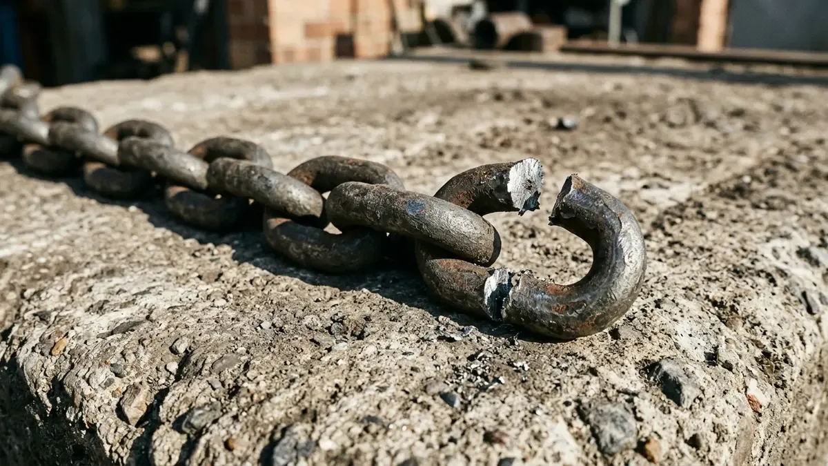 Cadena metalica gruesa con un eslabon cortado y abierto