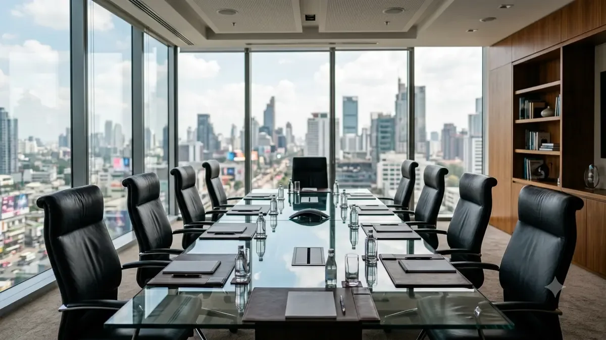Sala de directorio con mesa de vidrio y ventanales a una ciudad desenfocada